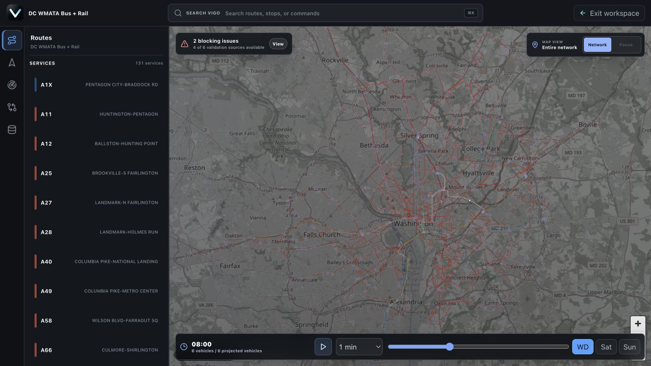 VIGO displaying Washington bus and rail routes on an interactive map